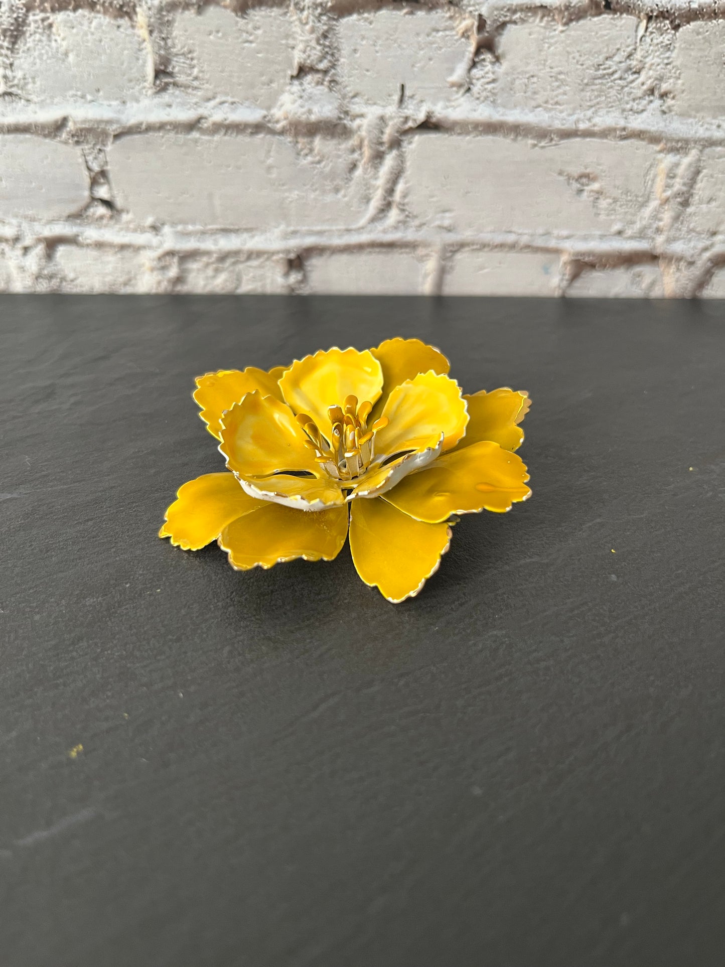 Vintage 1960’s Yellow Enamel Flower Brooch – Layered Petal Floral Pin, Mid-Century Statement Jewelry
