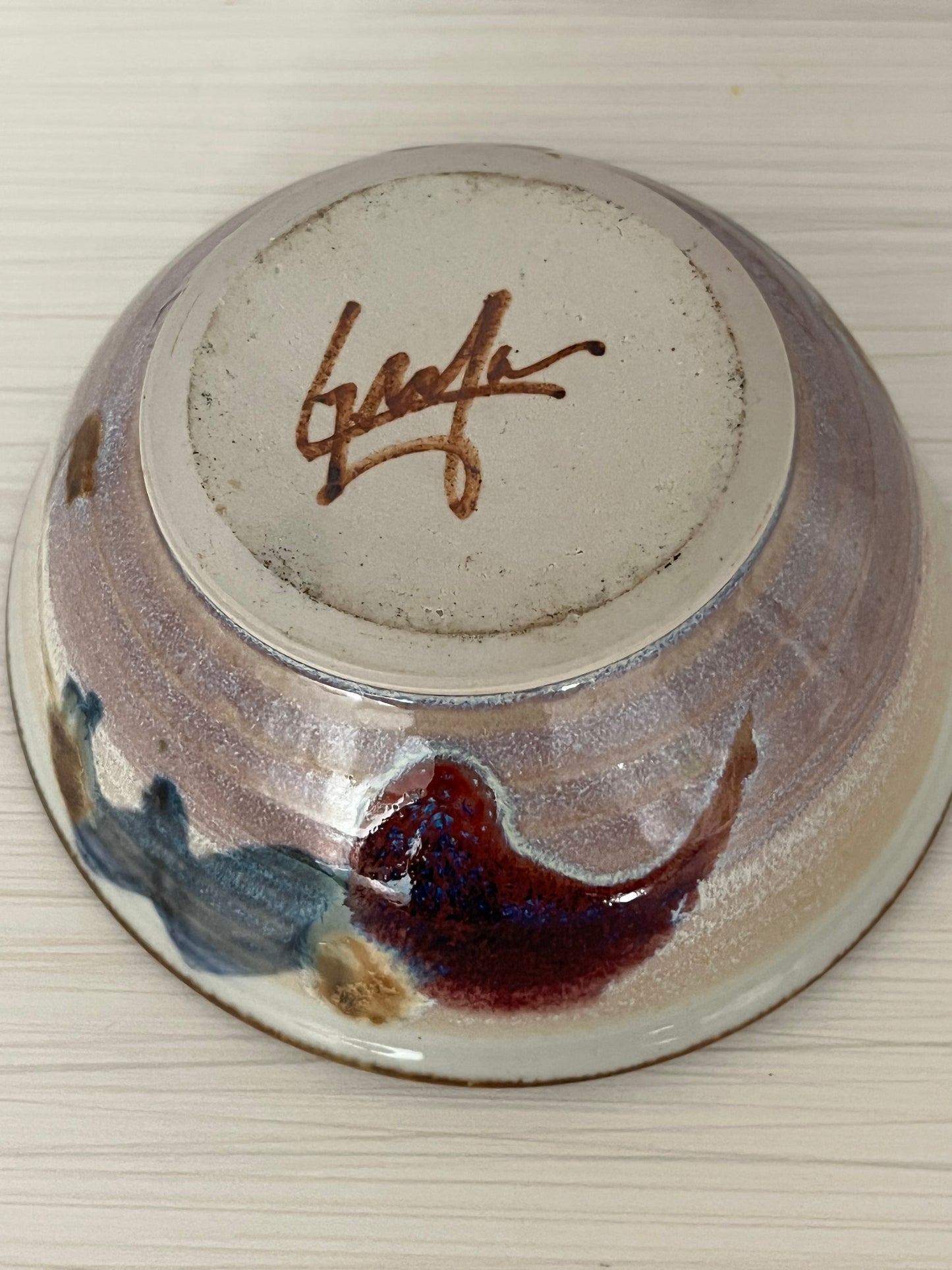 Studio Art Pottery Bowl – Signed Mike Grafa – Hand-Thrown Texas Stoneware – Abstract Glaze – 1990s–2000s