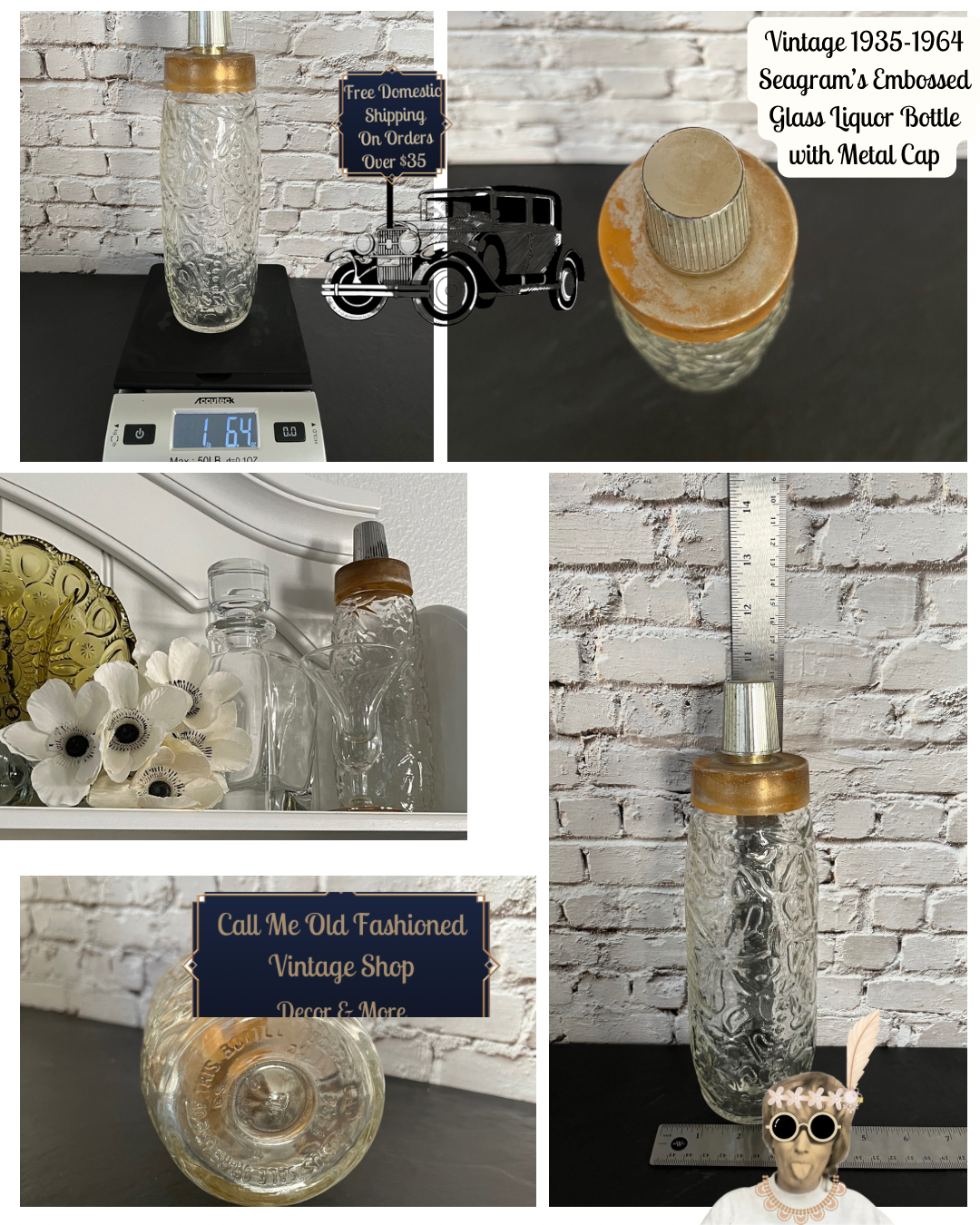 Vintage 1935-1964 Seagram’s Embossed Glass Liquor Bottle Decanter with Metal Cap – Speakeasy Chic