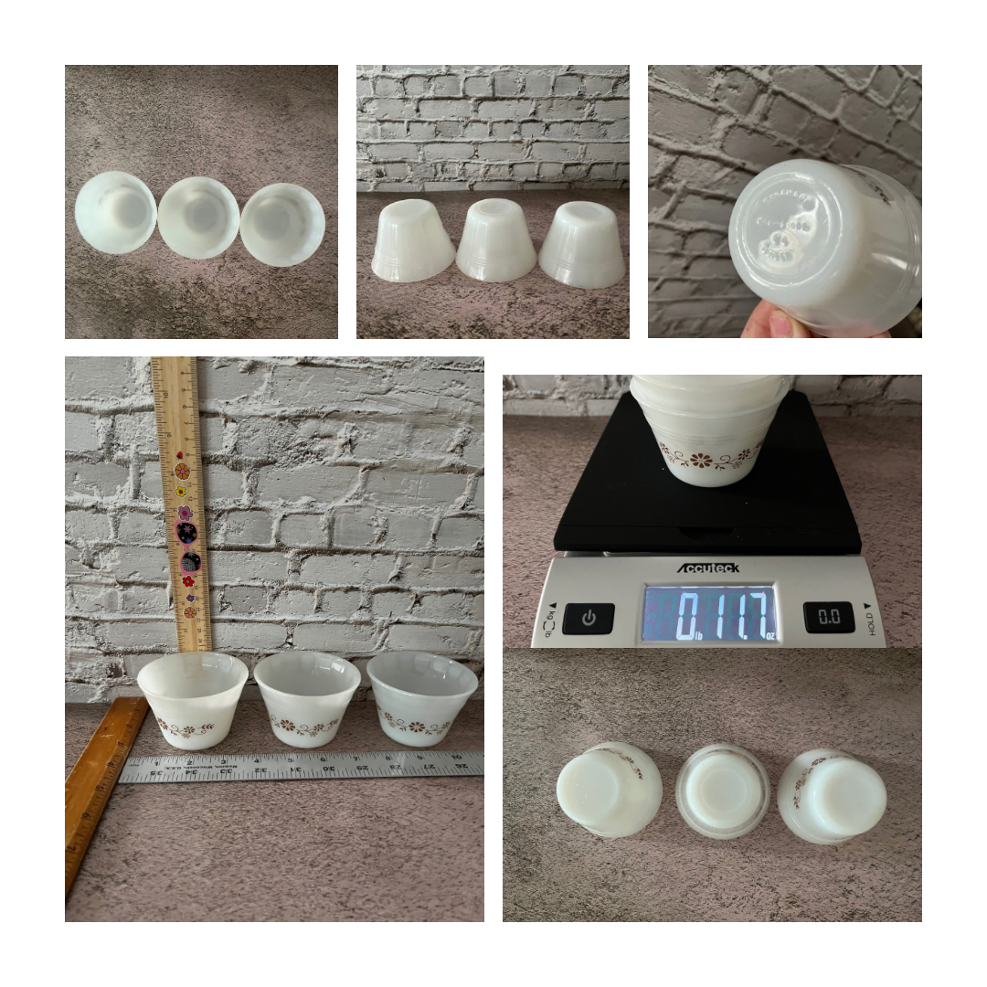 Set of 3 Vintage 1960’s Milk Glass Dynaware Pyr-O-Rey Mexico Brown Daisy Custard Cups -
