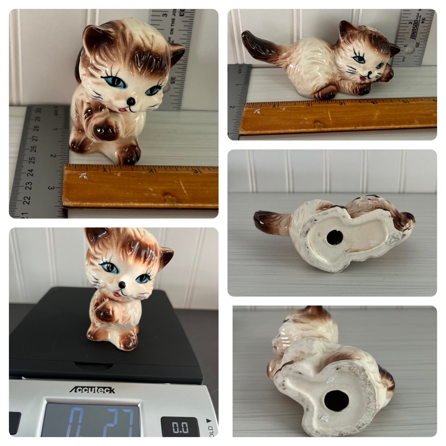 Vintage 1950’s Hand-Painted Ceramic Glazed Cat Figurines - Pair of Brown & Cream Kitsch Kitty Cats