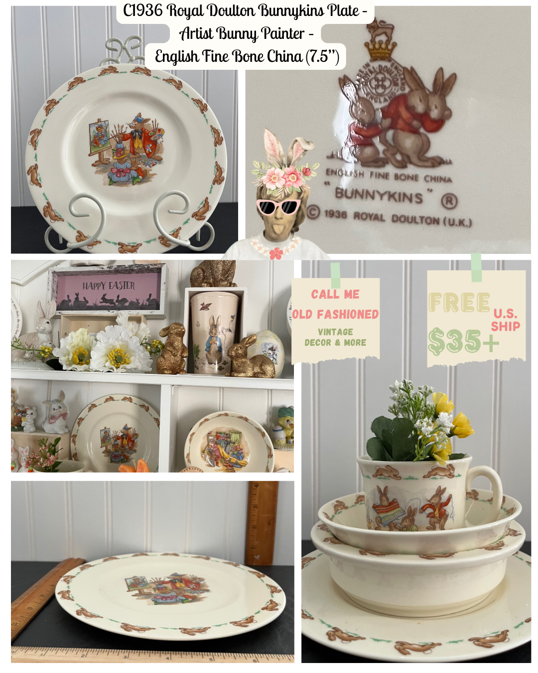 1936 Royal Doulton Bunnykins Plate – Artist Bunny Painter – English Fine Bone China (7.5”)