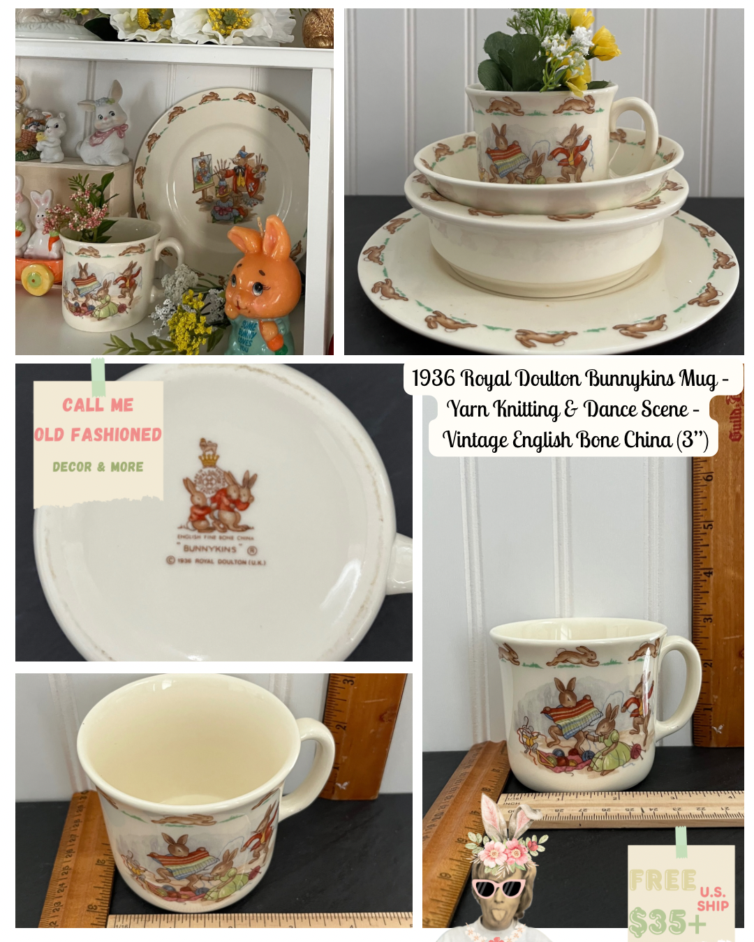 1936 Royal Doulton Bunnykins Mug – Yarn Knitting & Dance Scene – Vintage English Bone China (3”)