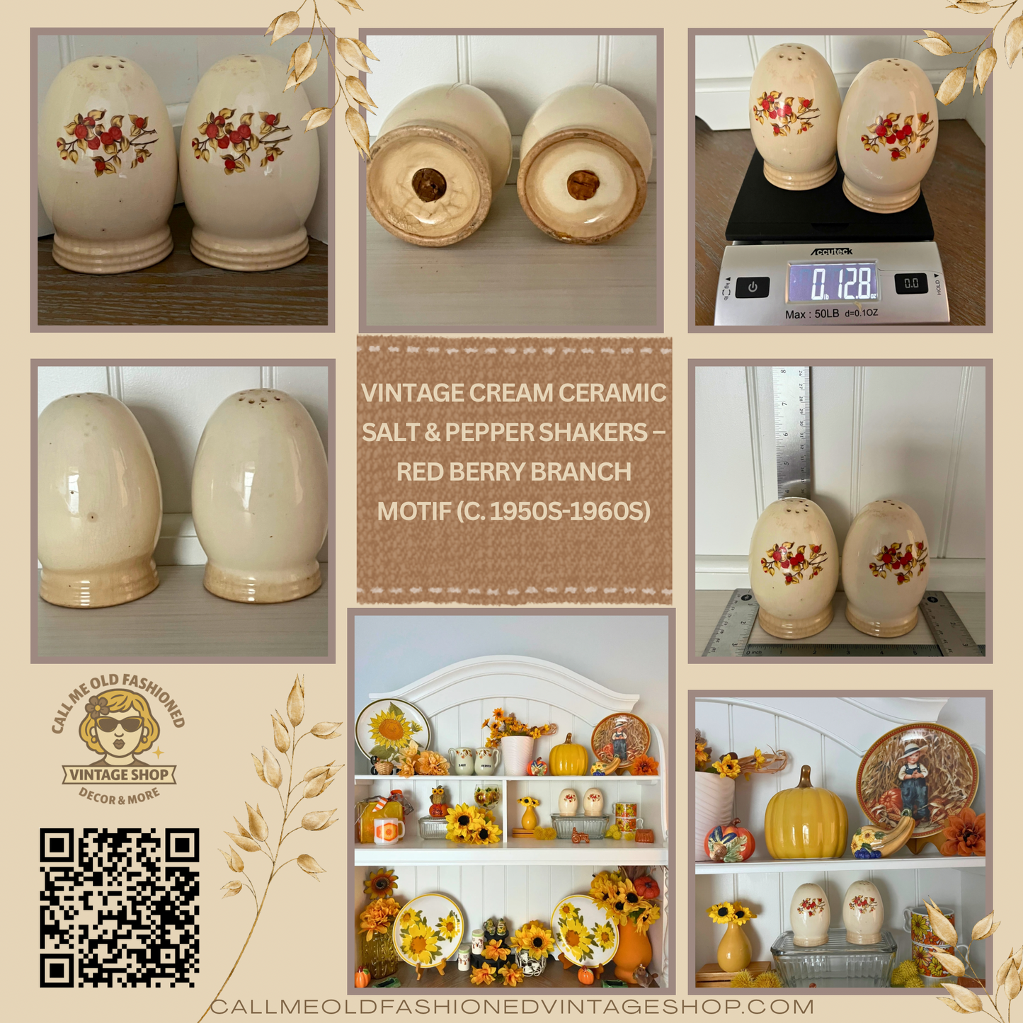 Vintage Cream Oval Egg Ceramic Bittersweet Salt & Pepper Shakers by Universal Cambridge Red Flower 1940's
