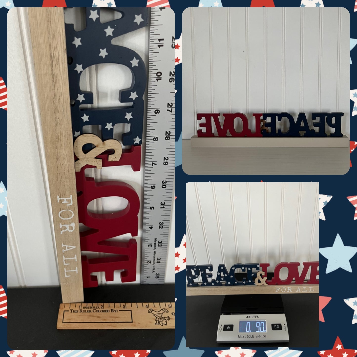 Vintage Red White & Blue Peace & Love Sign - 17”x3” Retro Decor