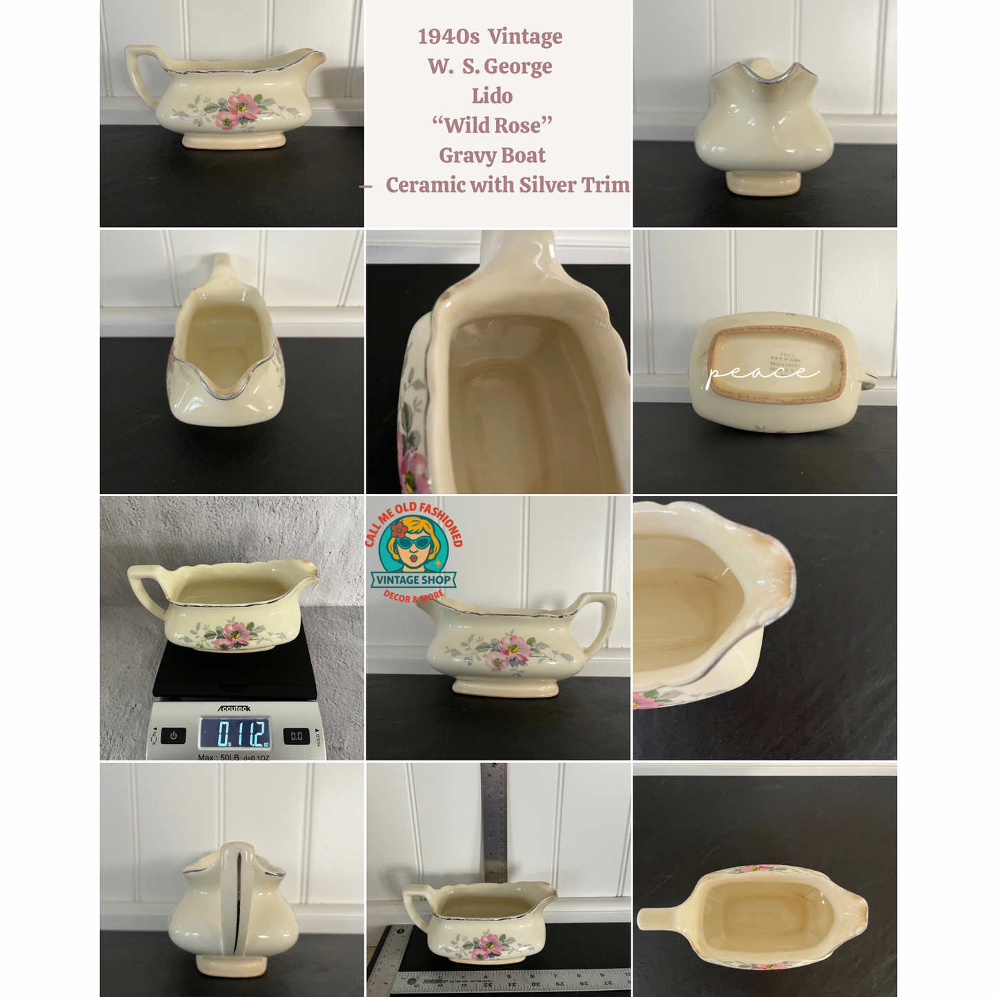 1940s Vintage W.S. George Lido “Wild Rose” Gravy Boat – Ceramic with Silver Trim