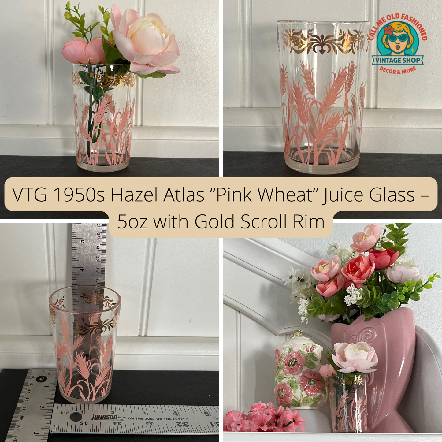 1950s Vintage Hazel Atlas “Pink Wheat” Juice Glass – 5oz with Gold Scroll Rim