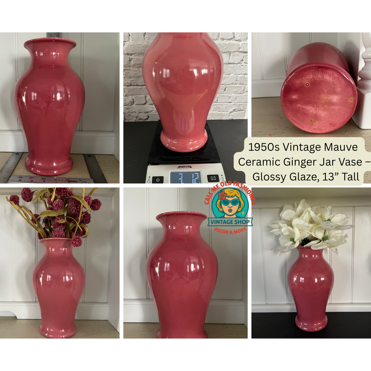 1950s Vintage Mauve Ceramic Ginger Jar Vase – Glossy Glaze, 13” Tall