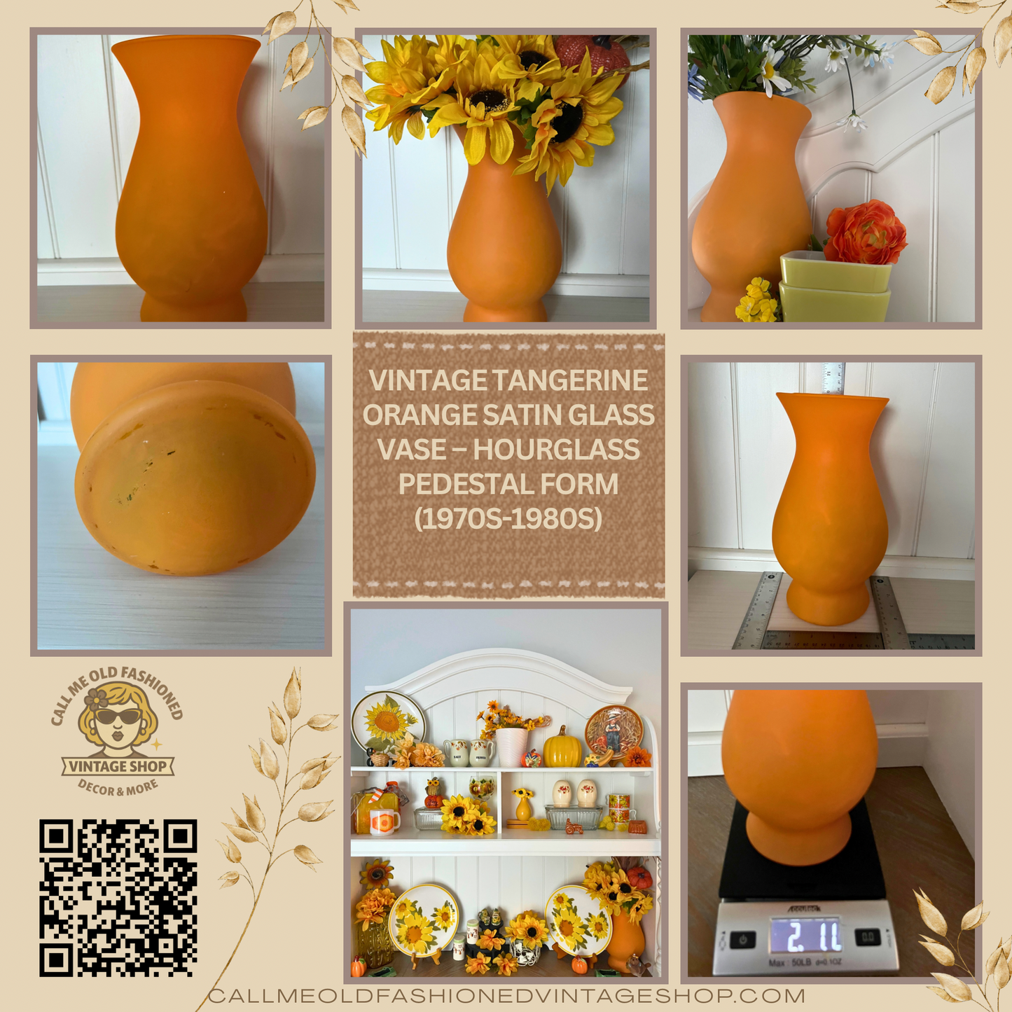 Vintage Tangerine Orange Satin Glass Vase – Hourglass Pedestal Form (1970s-1980s)