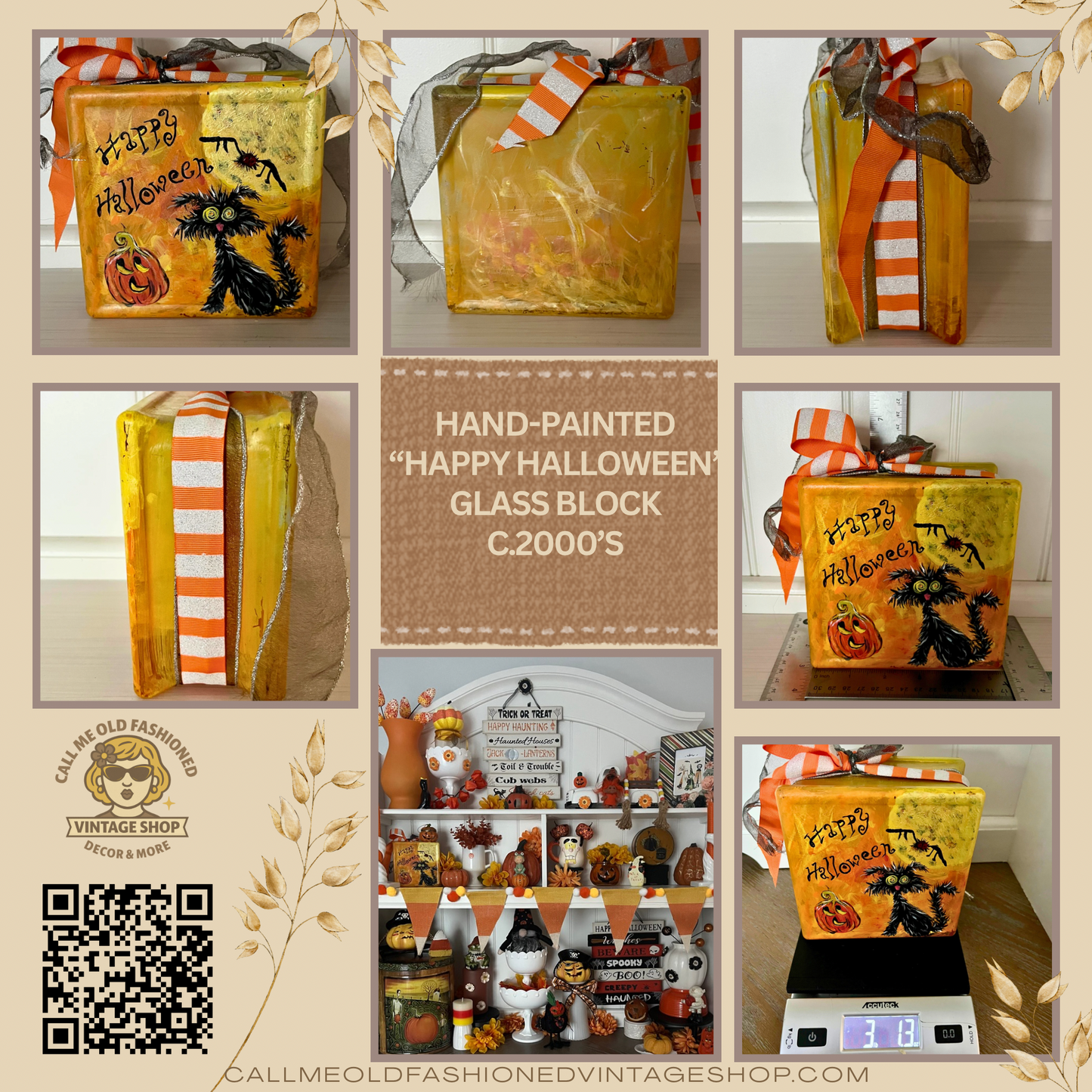 Hand-Painted “Happy Halloween” Glass Block Décor with Cat, Moon & Pumpkin | Contemporary Folk Art Holiday Accent | c. 2000s