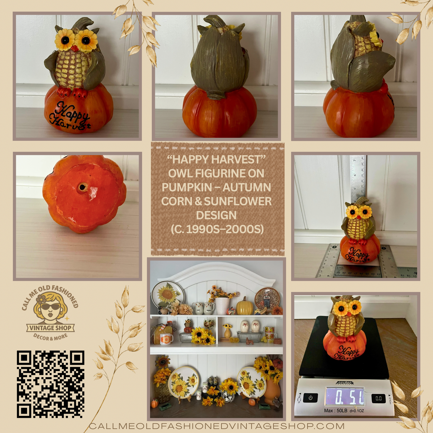 “Happy Harvest” Owl Figurine on Pumpkin – Autumn Corn & Sunflower Design (c. 1990s–2000s)