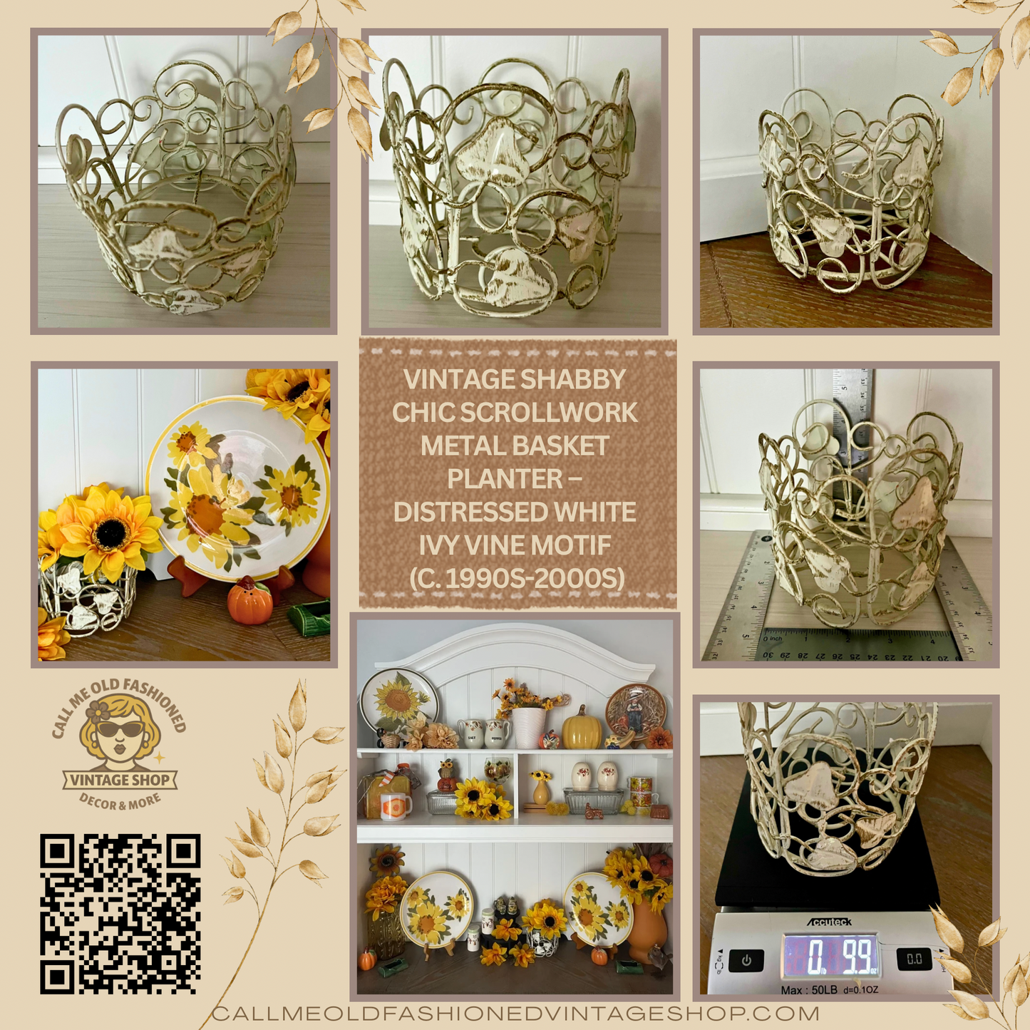 Vintage Shabby Chic Scrollwork Metal Basket Planter – Distressed White Ivy Vine Motif (c. 1990s-2000s)