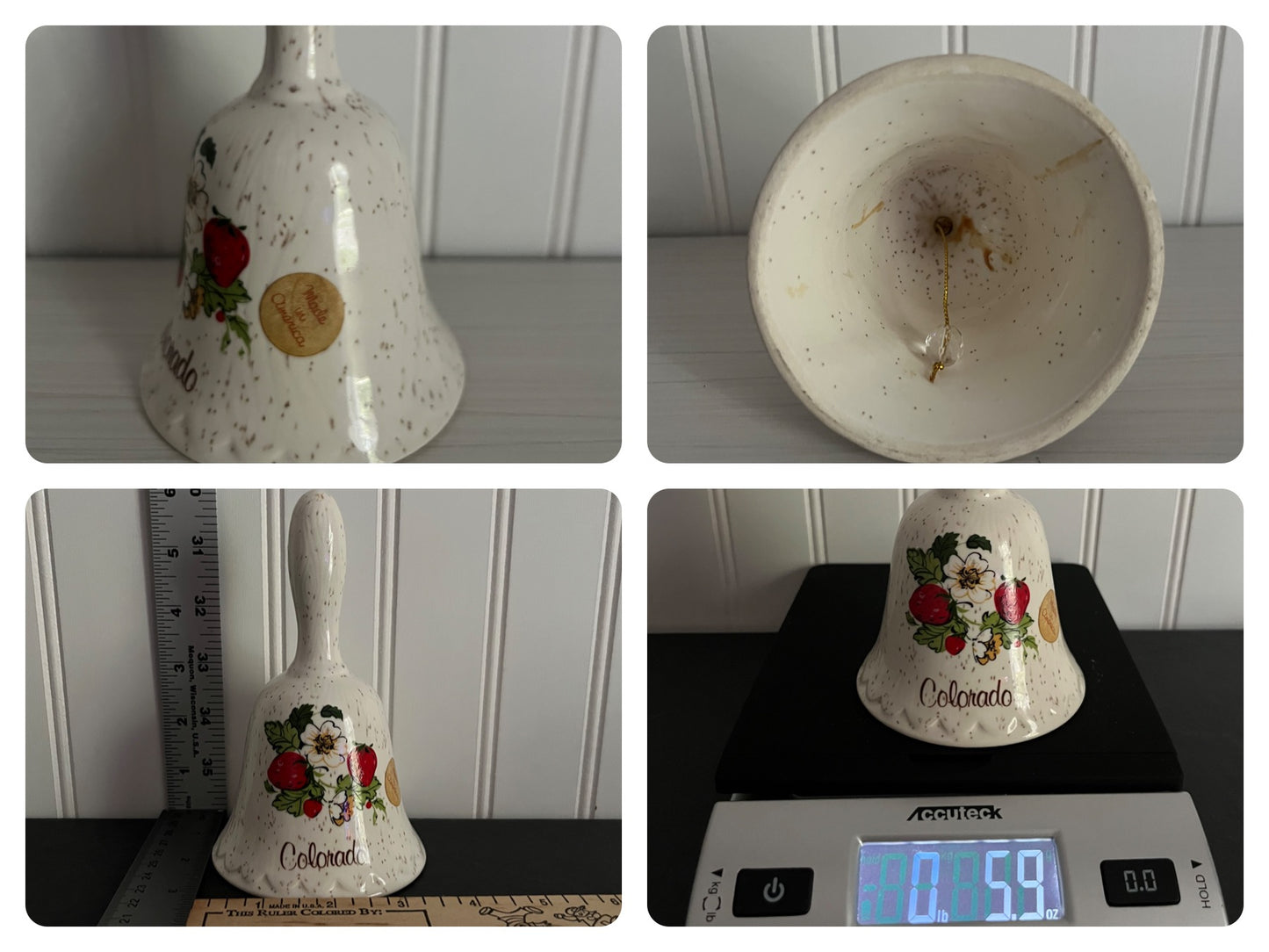 1970’s Vintage Wild Strawberry Blossom Flower Vine Treasure Craft Style Bell - Colorado Ceramic Souvenir Gift, Retro Bell