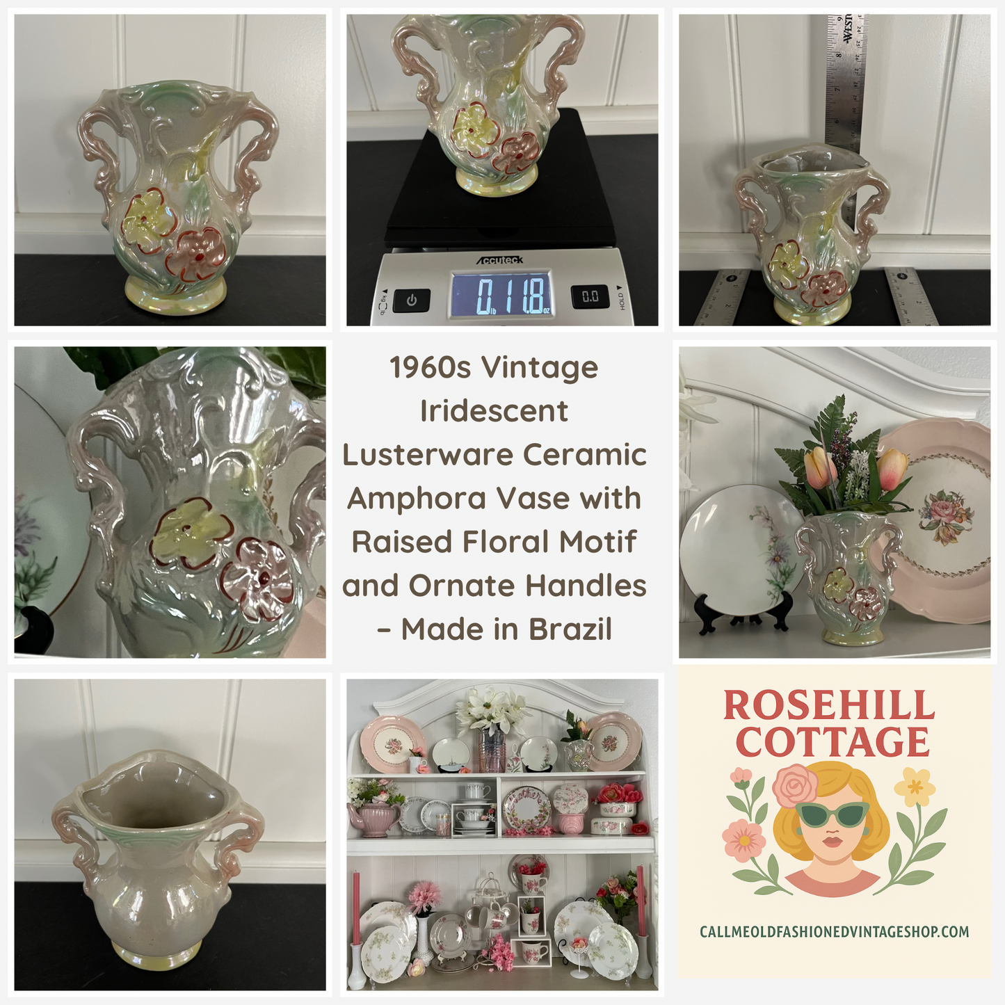 1960s Vintage Iridescent Lusterware Ceramic Amphora Vase with Raised Floral Motif and Ornate Handles – Made in Brazil