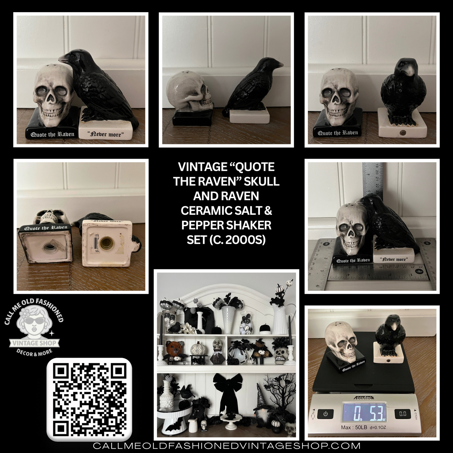 Vintage “Quote the Raven” Skull and Raven Ceramic Salt & Pepper Shaker Set (c. 2000s)