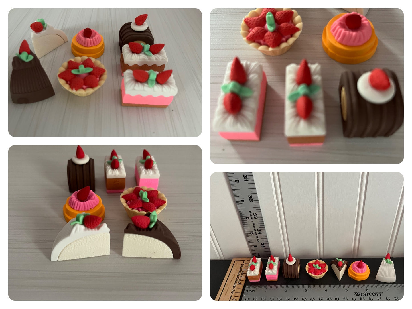 7 Mini Food Erasers - Japanese Strawberry Cakes & Desserts by Iwako, 3D Stationary