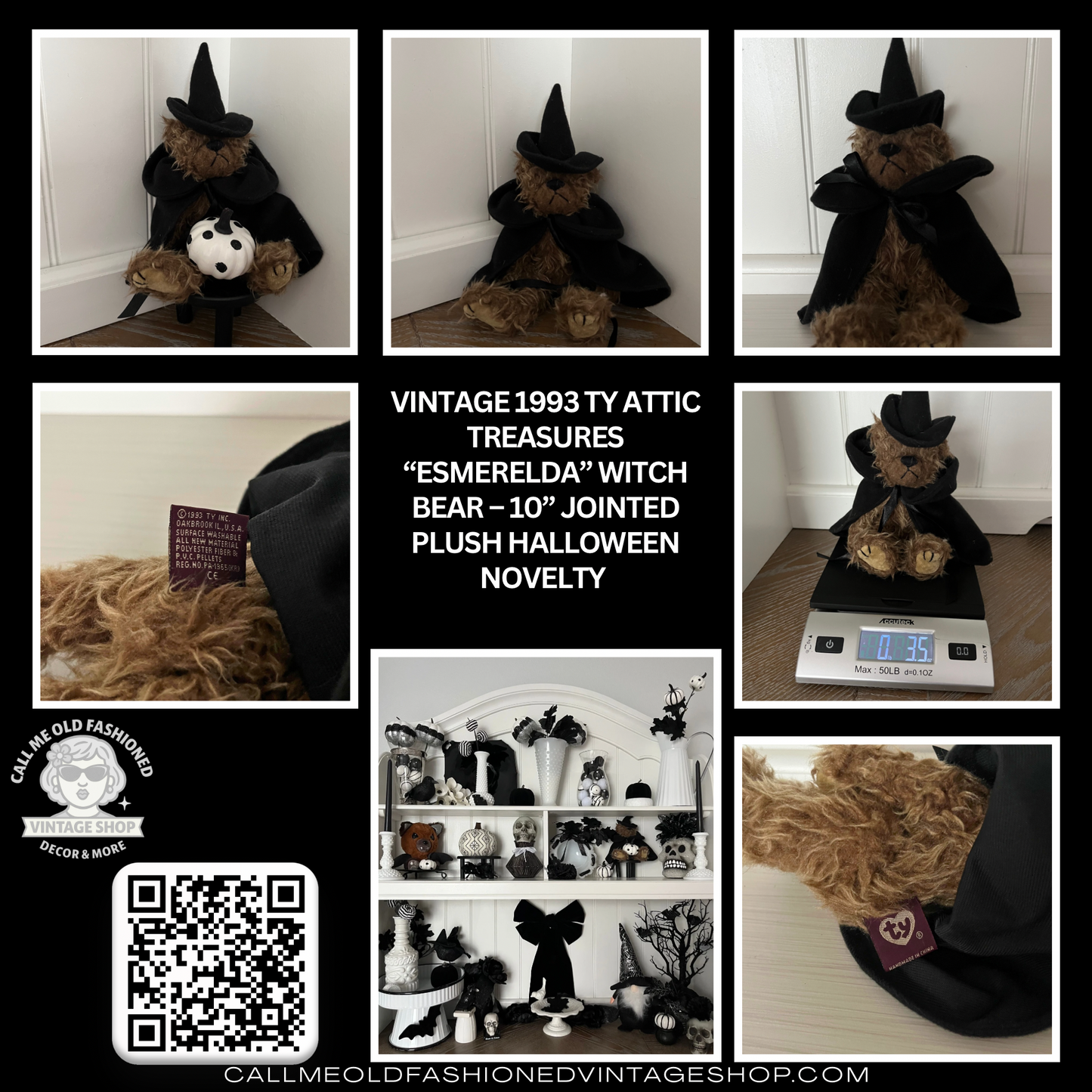 Vintage 1993 Ty Attic Treasures “Esmerelda” Witch Bear – 10” Jointed Plush Halloween Novelty (No Tag)