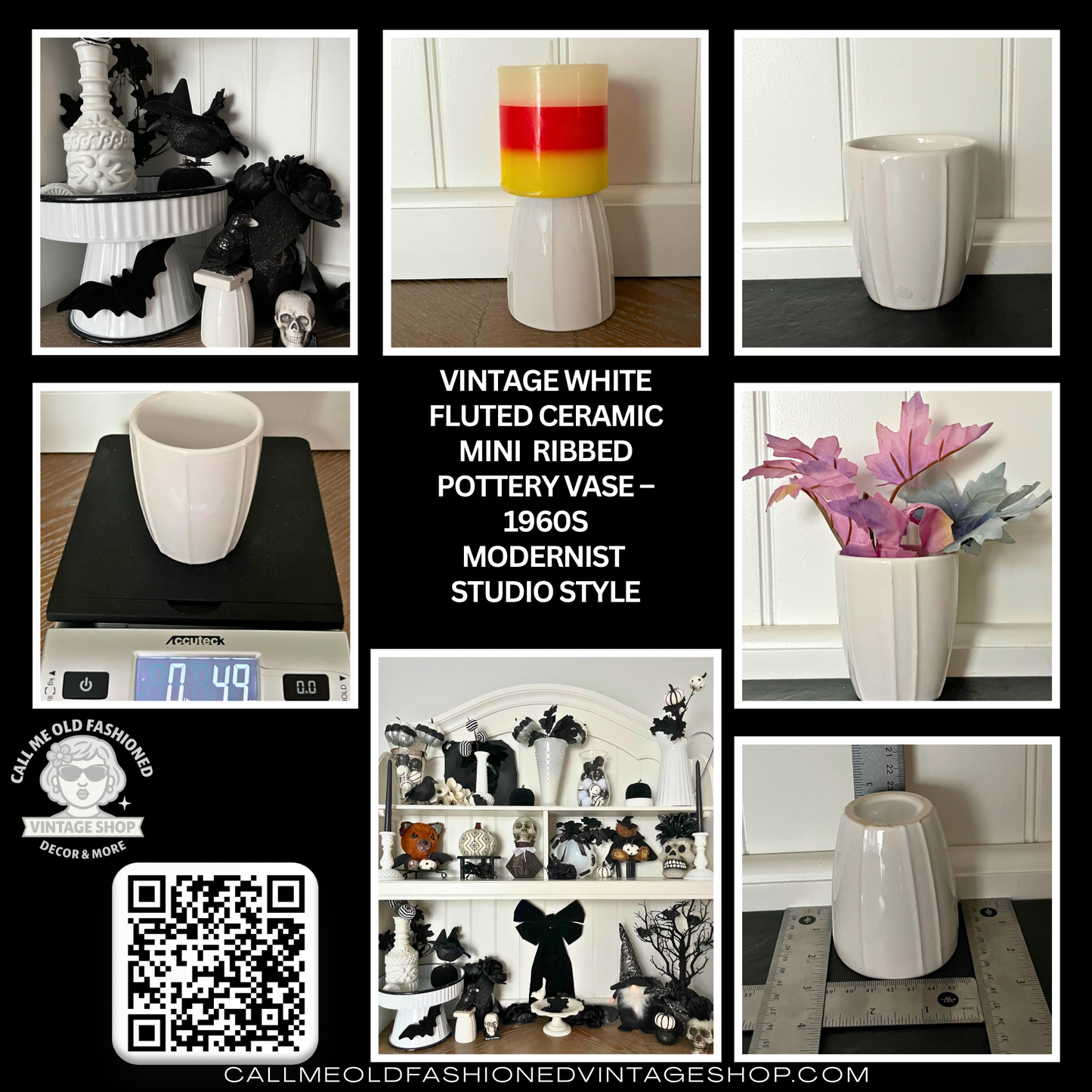 Vintage White Fluted Ceramic  Mini 3”x2 1/2”Ribbed Pottery Vase – 1960s Modernist Studio Style