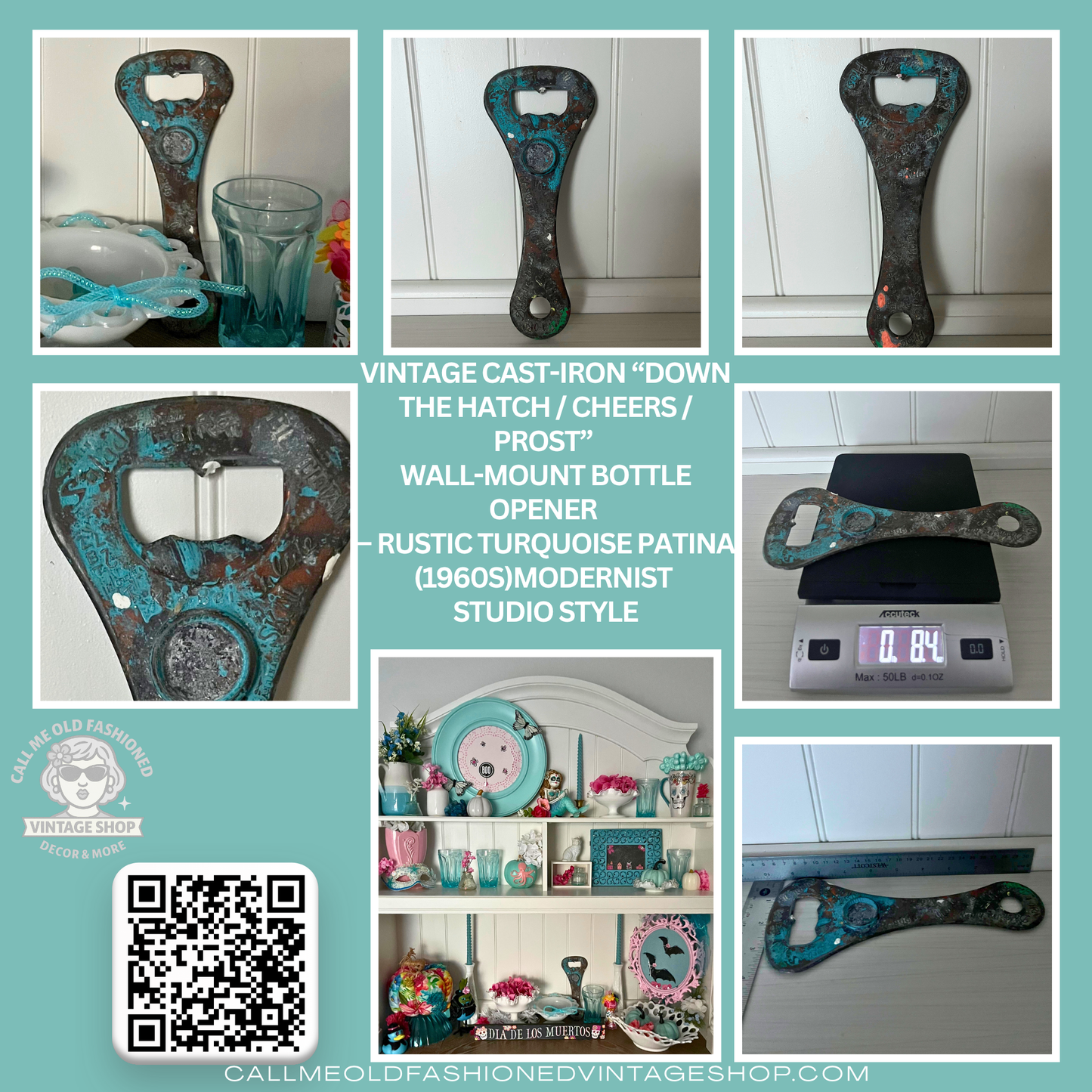 Vintage Cast-Iron “Down the Hatch / Cheers / Prost” Wall-Mount Bottle Opener – Rustic Turquoise Patina (1960s)