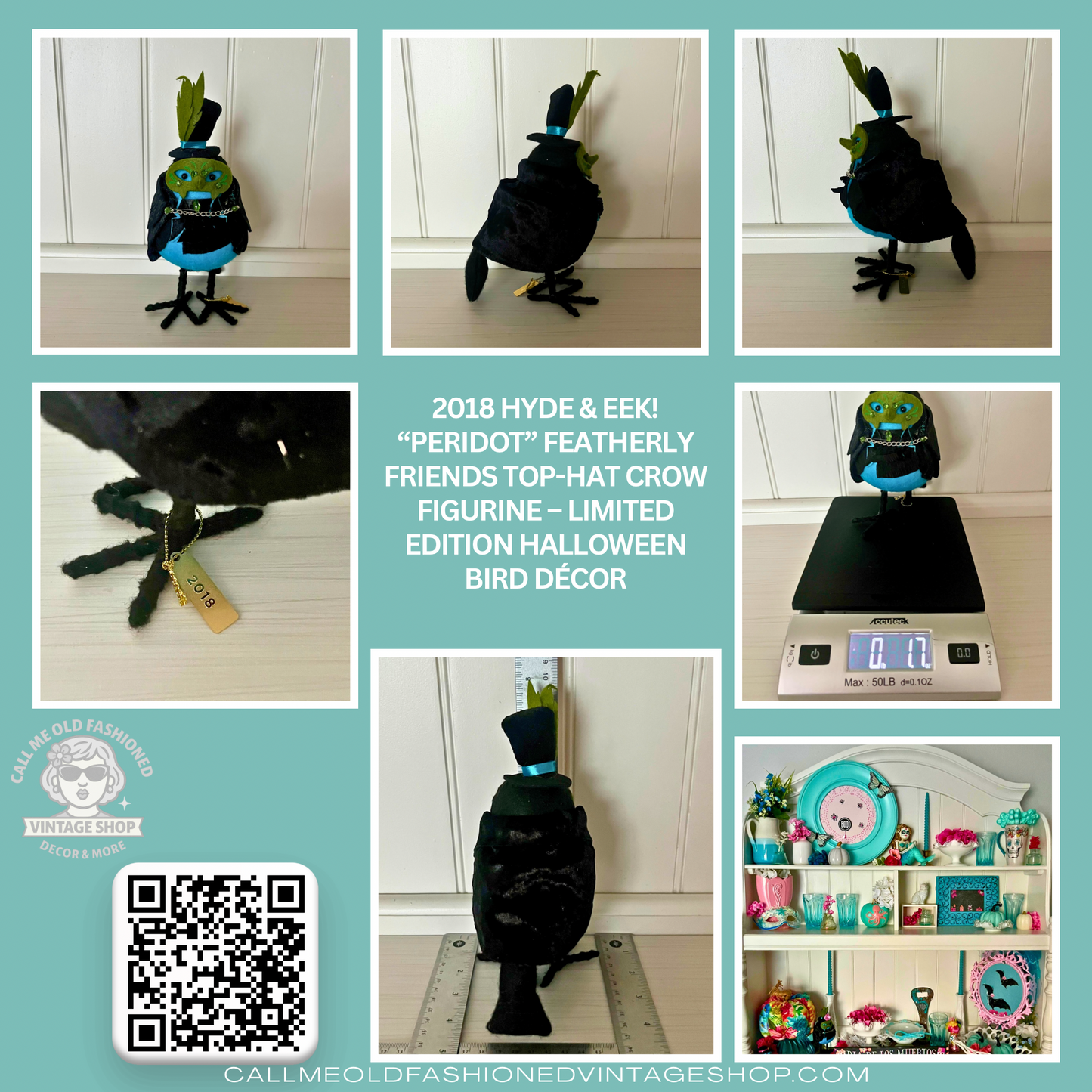 2018 Hyde & Eek! “Peridot” Featherly Friends Top-Hat Crow Figurine – Limited Edition Halloween Bird Décor