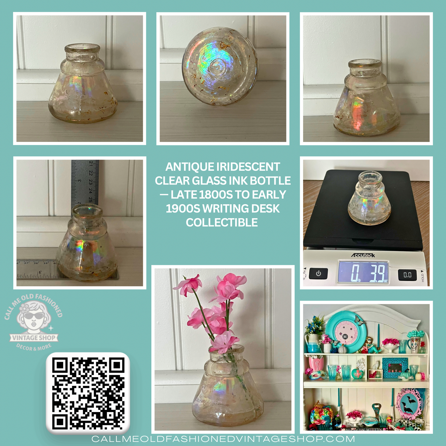 Antique Iridescent Clear Glass Ink Bottle — Late 1800s to Early 1900s Writing Desk Collectible