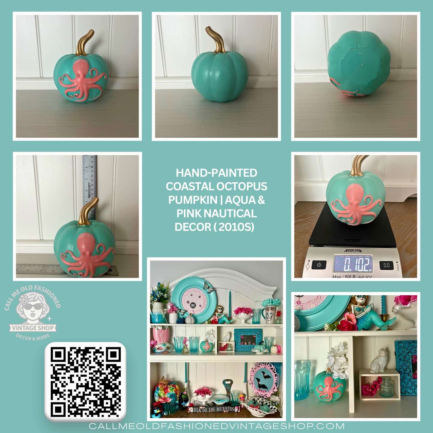 Hand-Painted Coastal Octopus Pumpkin | Aqua & Pink Nautical Decor (2010s)