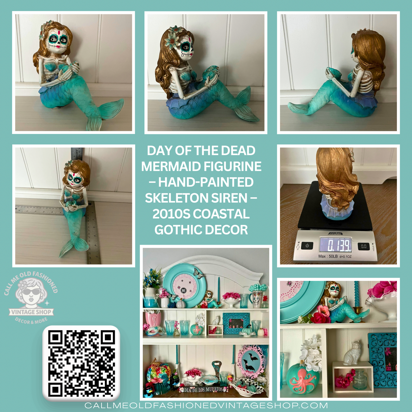 Day of the Dead Mermaid Figurine – Hand-Painted Skeleton Siren – 2010s Coastal Gothic Decor