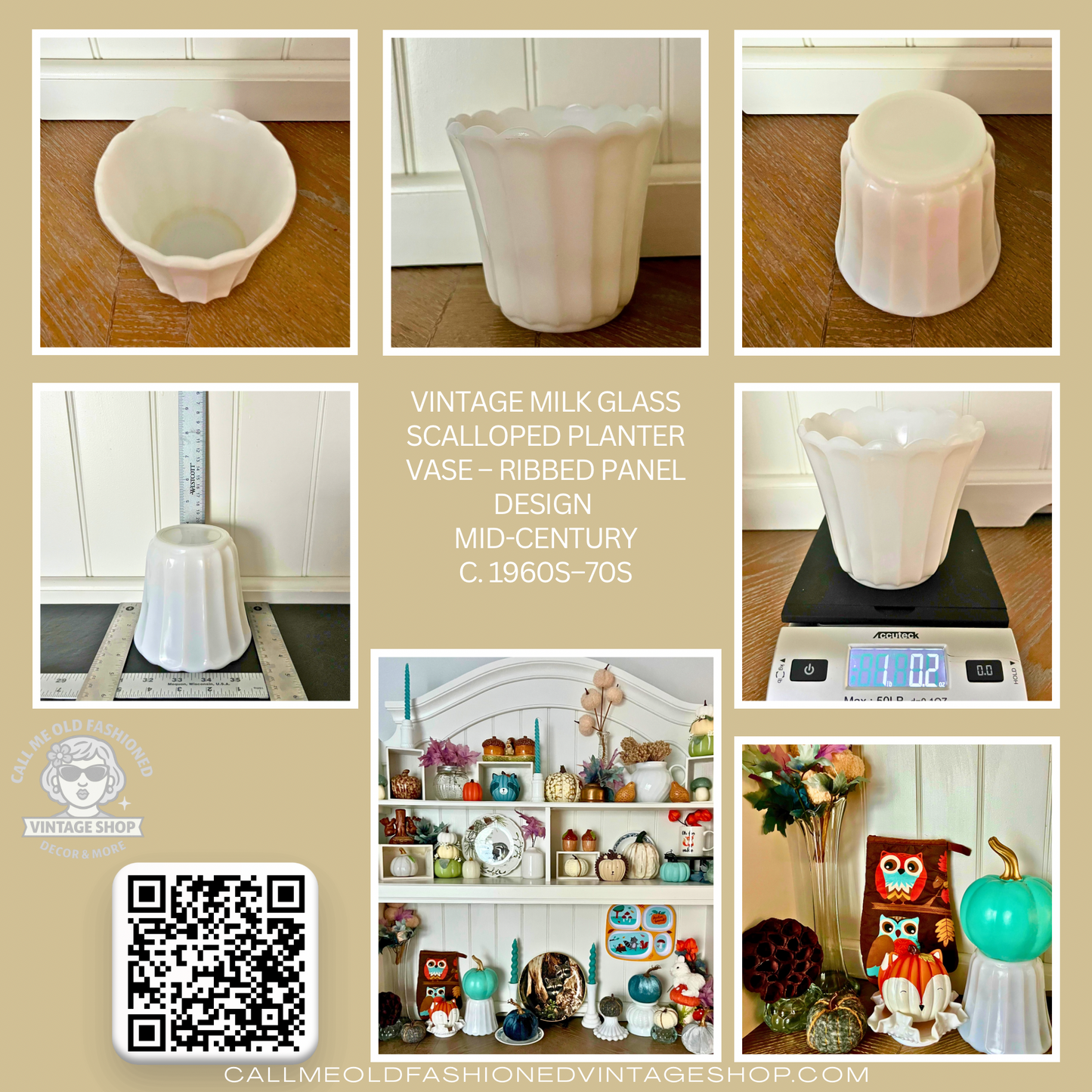 Vintage Milk Glass Scalloped Planter Vase – Ribbed Panel Design | Mid-Century, c. 1960s–70s