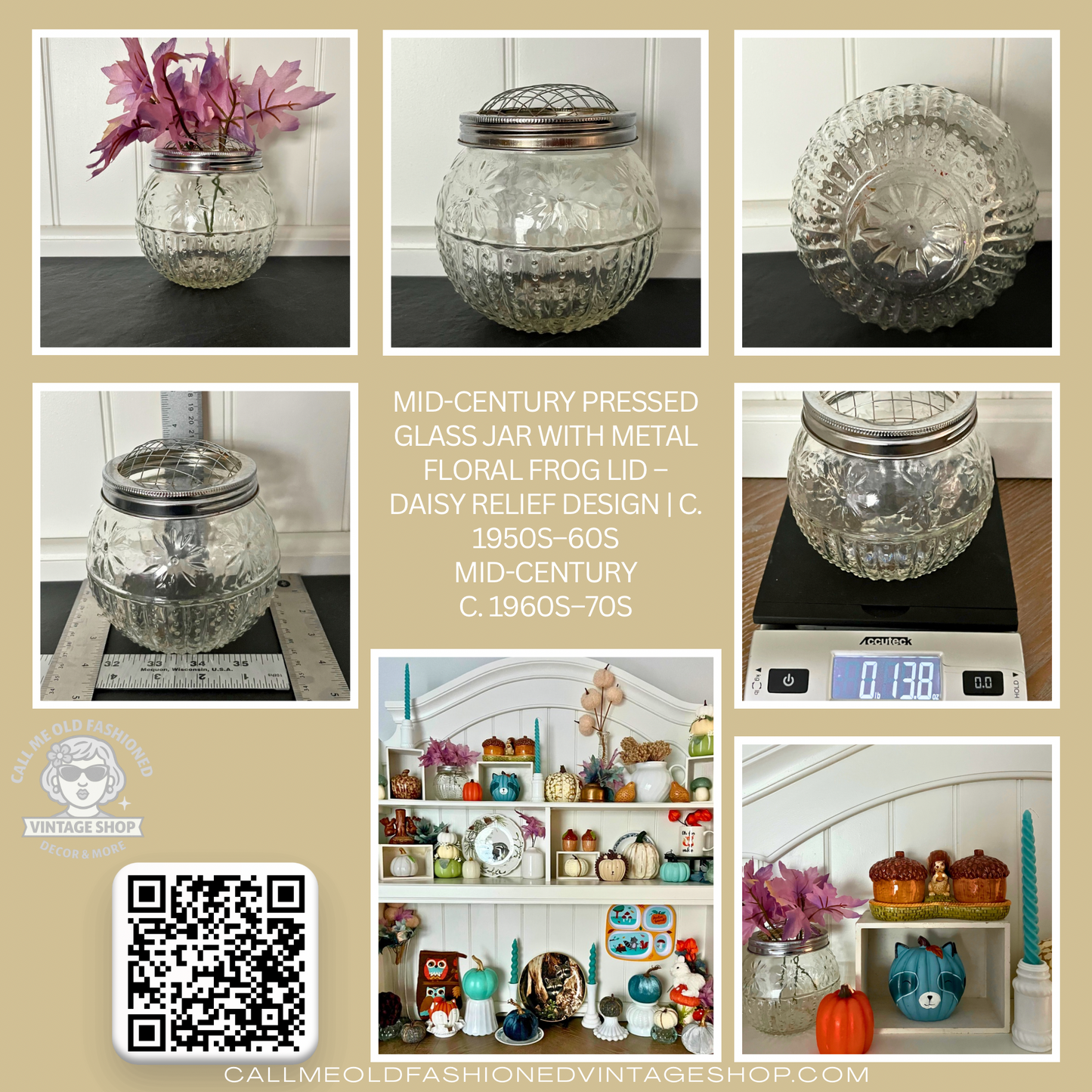 Mid-Century Pressed Glass Jar with Metal Floral Frog Lid – Daisy Relief Design | c. 1950s–60s