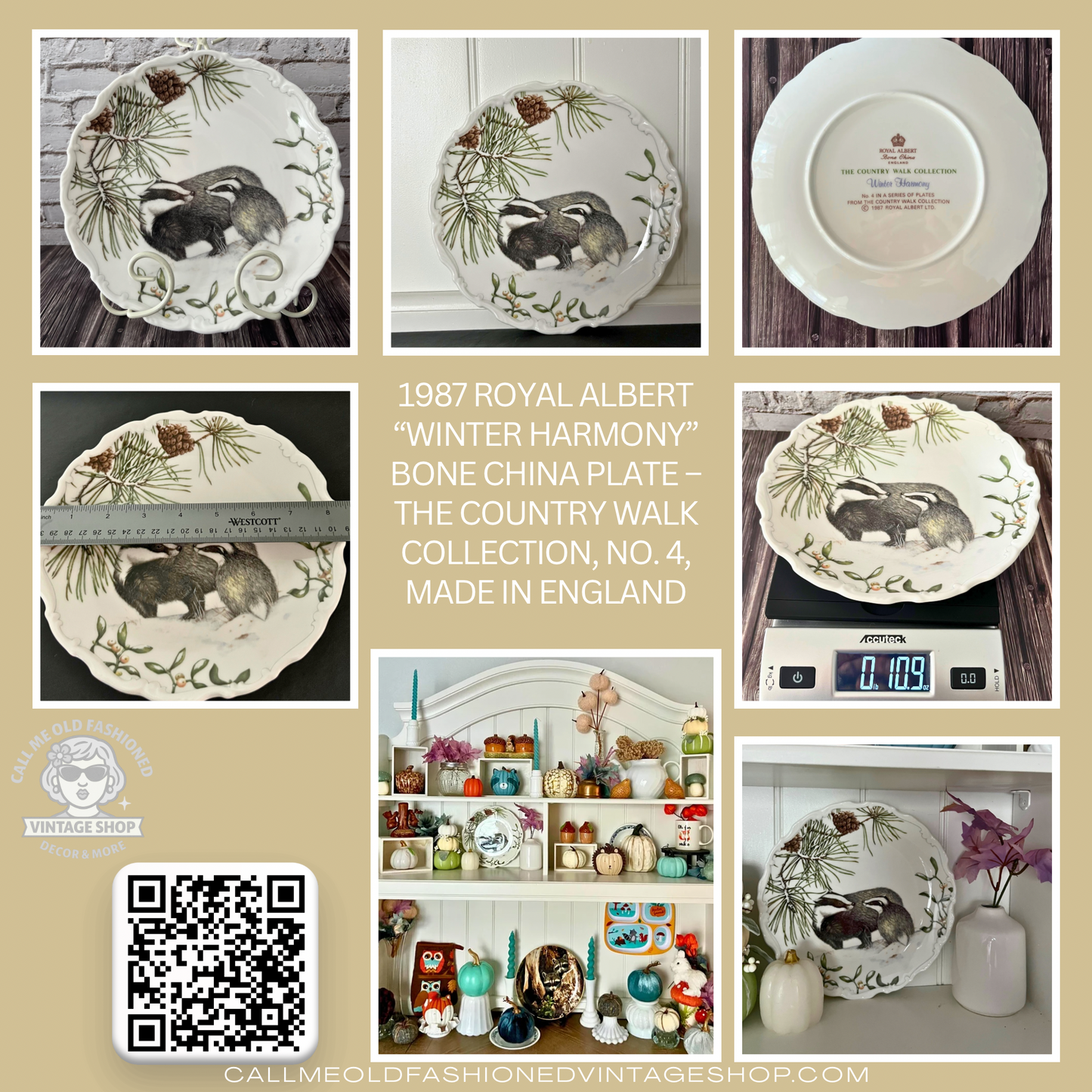 1987 Royal Albert Lovely Badgers in “Winter Harmony” Bone China Plate – The Country Walk Collection, No. 4, Made in England