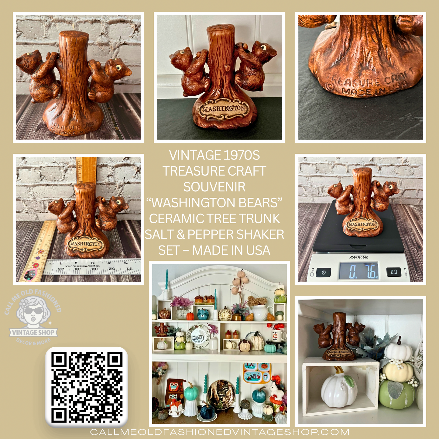 Vintage 1970s Treasure Craft Souvenir “Washington Bears” Ceramic Tree Trunk Salt & Pepper Shaker Set – Made in USA