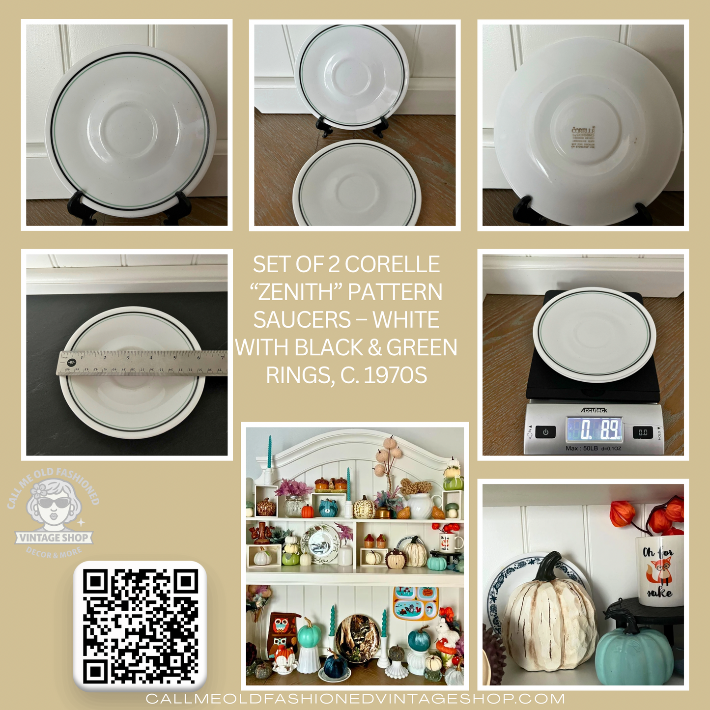 Set of 2 Corelle “Zenith” Pattern Saucers – White with Black & Green Rings, c. 1970s