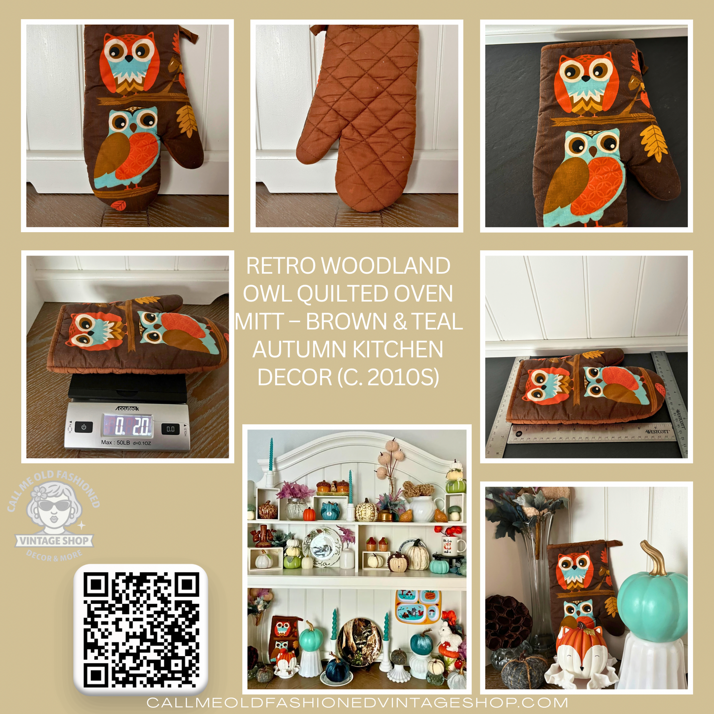 Retro Woodland Owl Quilted Oven Mitt – Brown & Teal Autumn Kitchen Decor (c. 2010s)