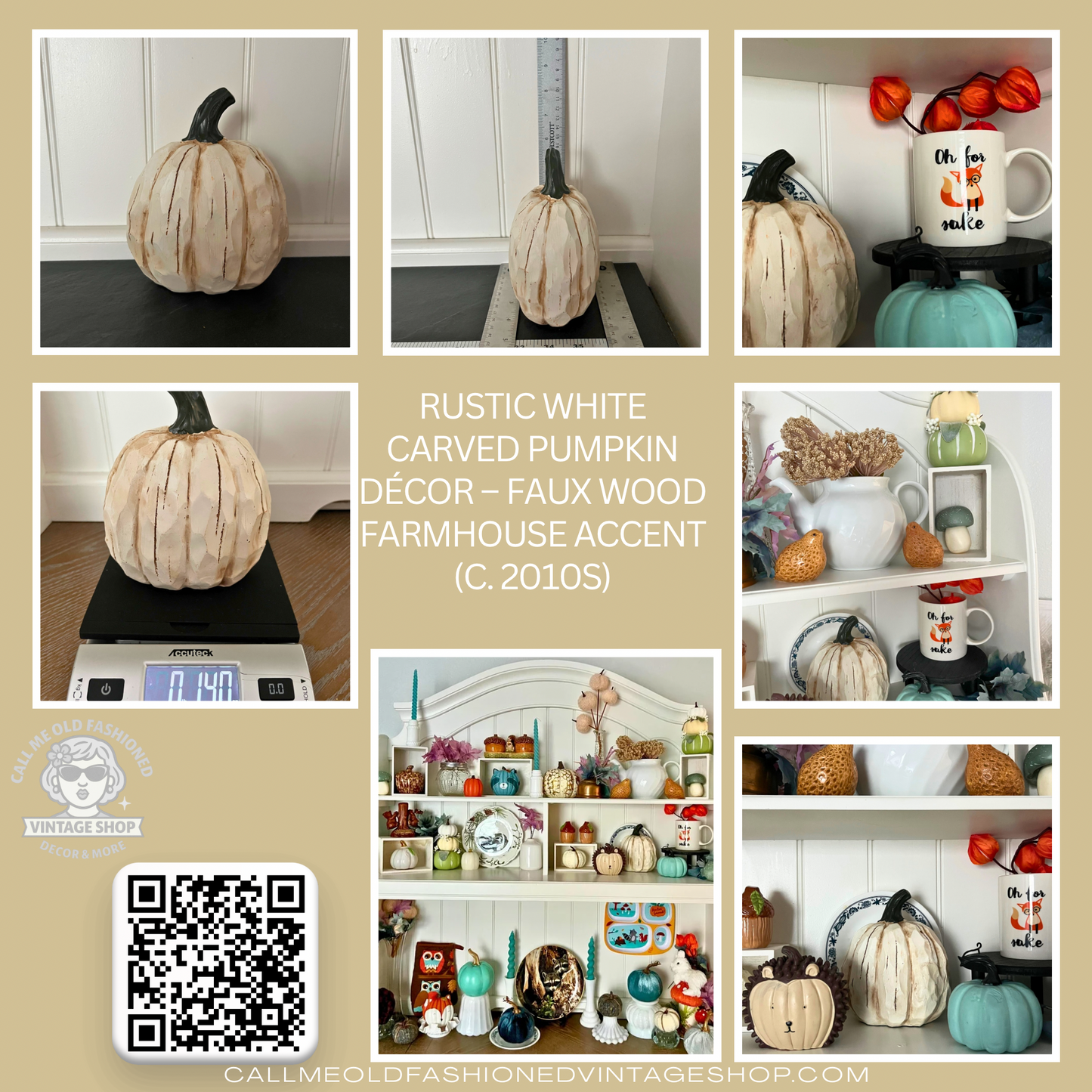 Rustic White Carved Pumpkin Décor – Faux Wood Farmhouse Accent (c. 2010s)