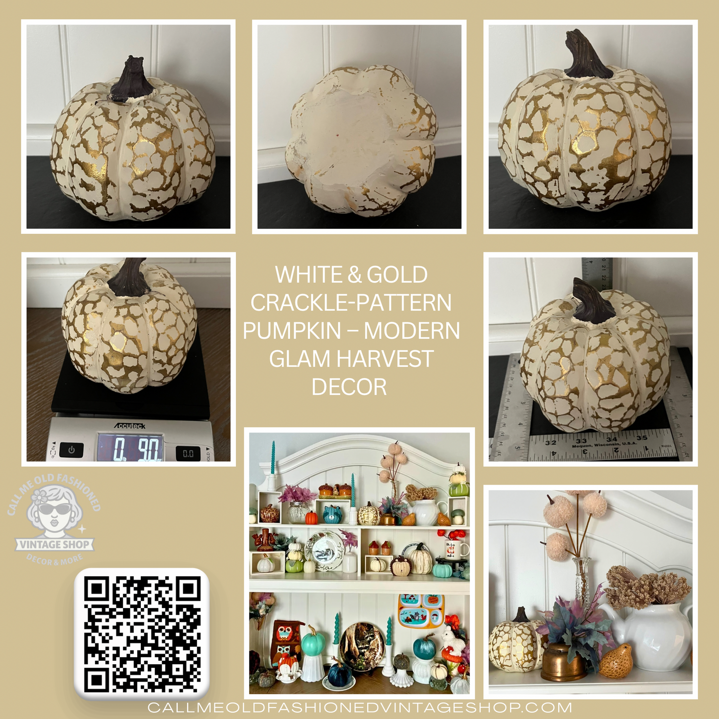 White & Gold Crackle-Pattern Pumpkin – Modern Glam Harvest Decor