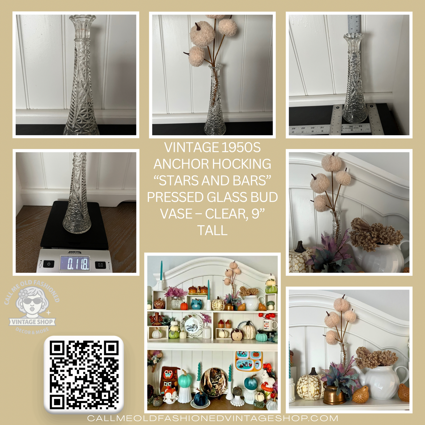 Vintage 1950s Anchor Hocking “Stars and Bars” Pressed Glass Bud Vase – Clear, 9” Tall