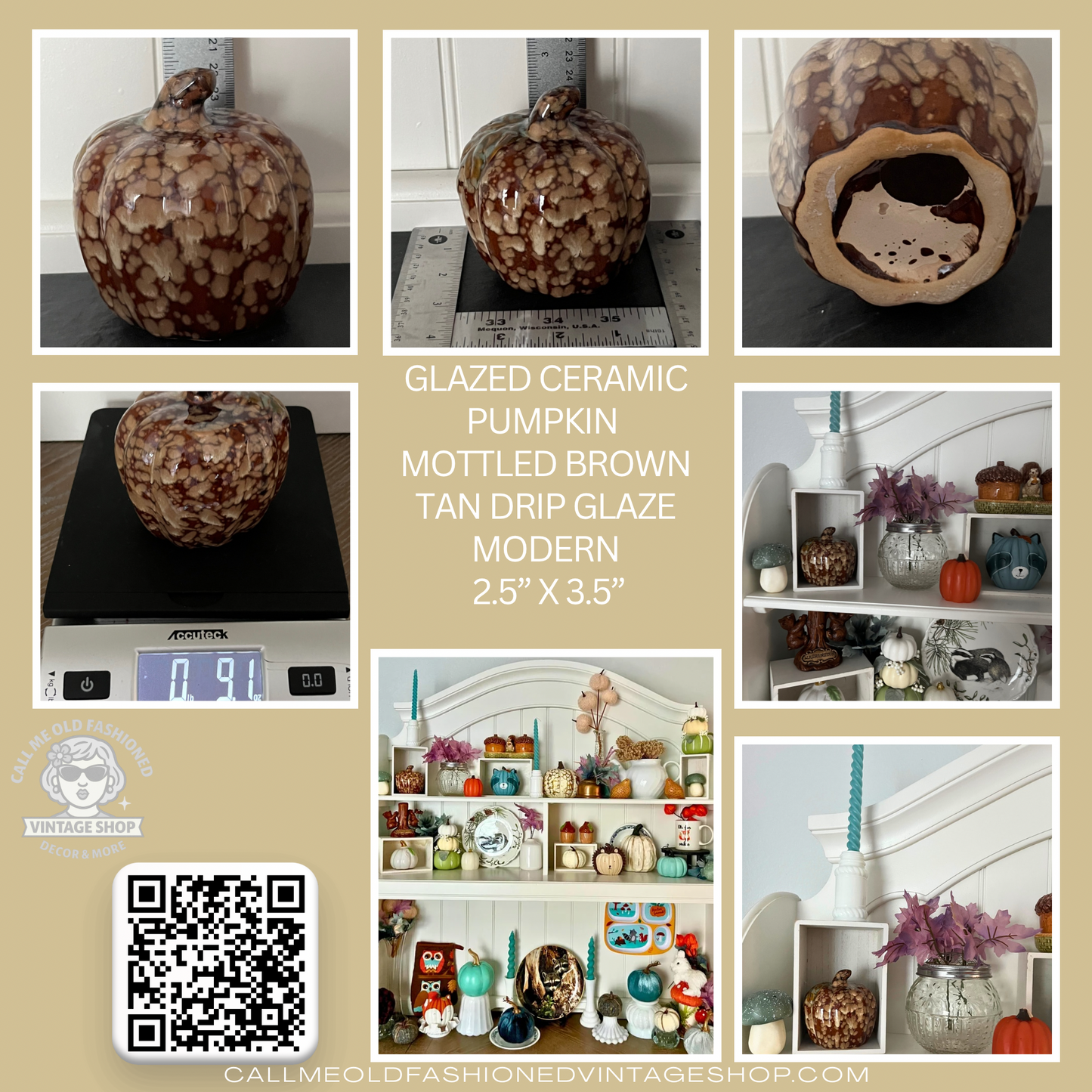 Glazed Ceramic Pumpkin – Mottled Brown & Tan Drip Glaze, Modern, 2.5” x 3.5”