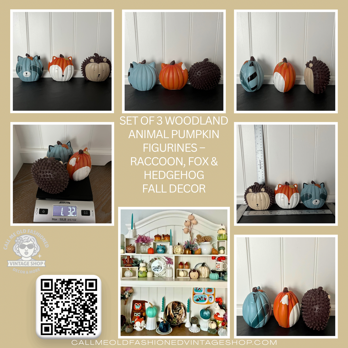 Set of 3 Woodland Animal Pumpkin Figurines – Raccoon, Fox & Hedgehog, Hand-Painted Fall Decor