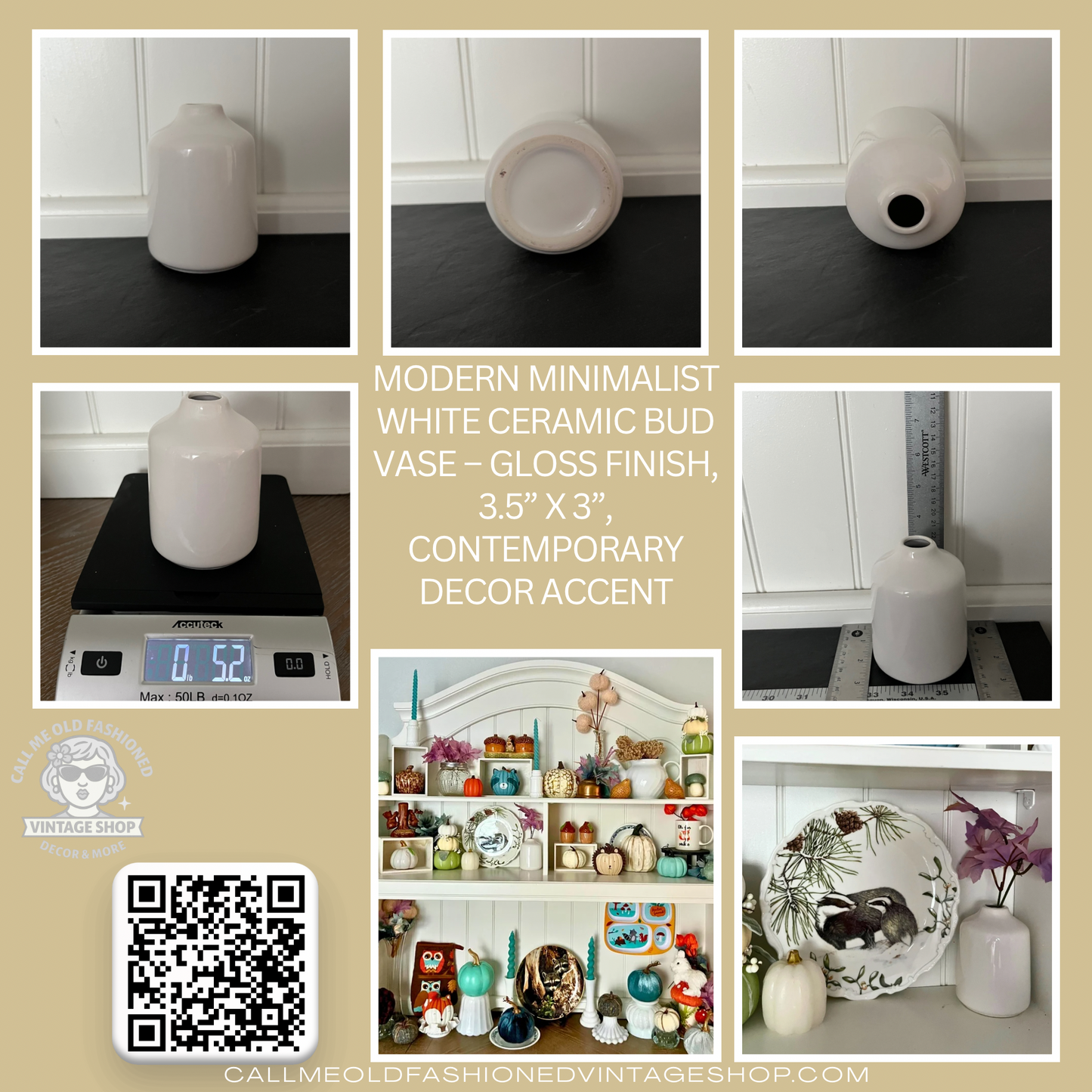 Modern Minimalist White Ceramic Bud Vase – Gloss Finish, 3.5” x 3”, Contemporary Decor Accent