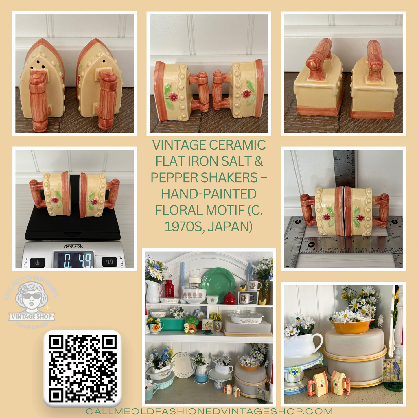 Vintage Ceramic Flat Iron Salt & Pepper Shakers – Hand-Painted Floral Motif (c. 1970s, Japan)