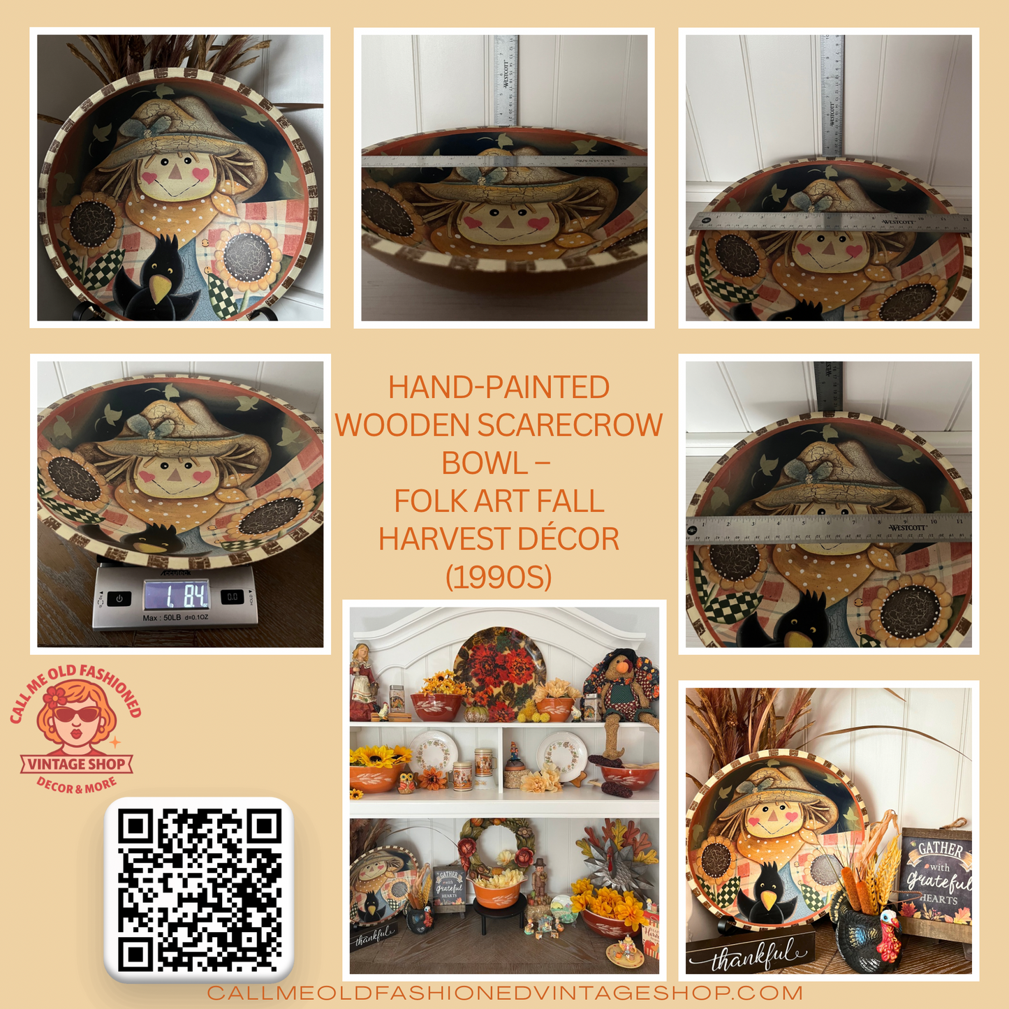 Vintage Hand-Painted Wooden Scarecrow Bowl – Folk Art Fall Harvest Décor (1990s)