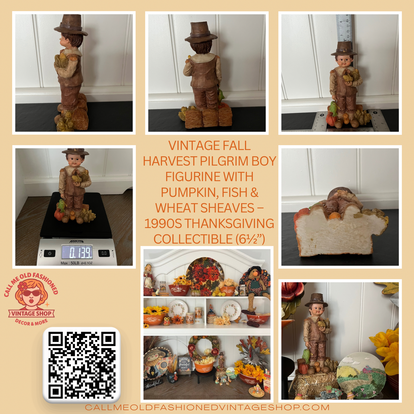 Vintage Fall Harvest Pilgrim Boy Figurine with Pumpkin, Fish & Wheat Sheaves – 1990s Thanksgiving Collectible (6½”)