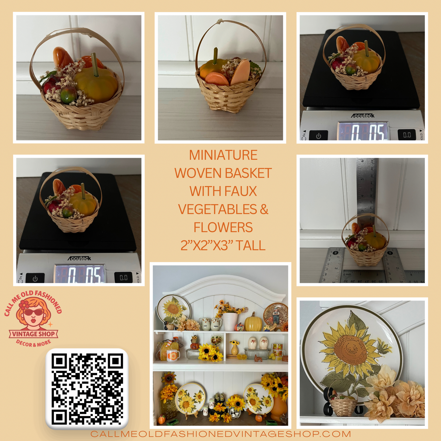 Miniature Woven Basket with Faux Vegetables & Flowers