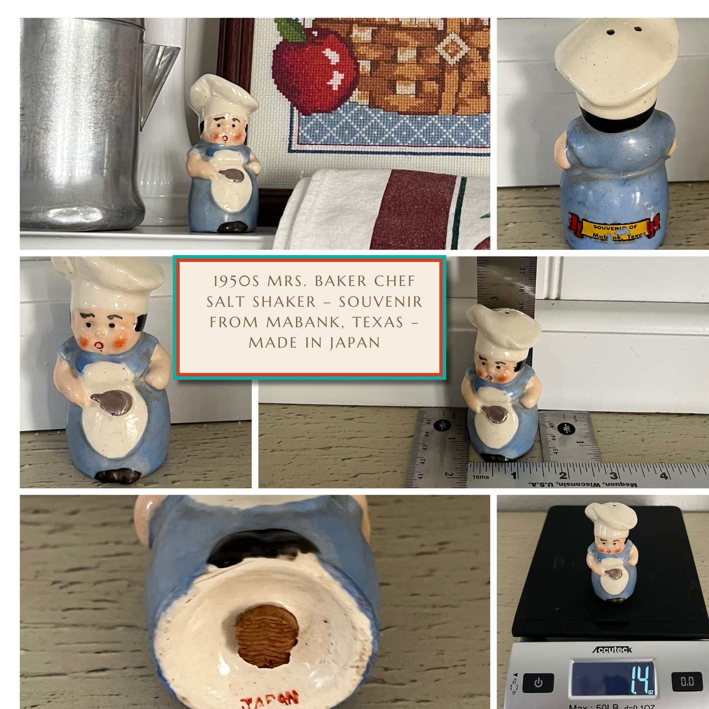 1950s Vintage Mrs. Baker Chef Salt Shaker – Souvenir from Mabank, Texas – Made in Japan