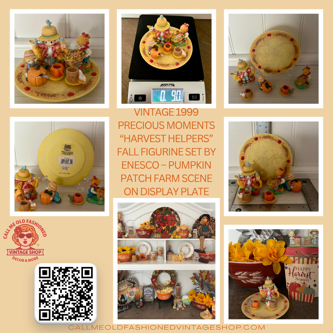 Vintage 1999 Precious Moments “Harvest Helpers” Fall Figurine Tea Set by Enesco – Pumpkin Patch Farm Scene on Display Plate