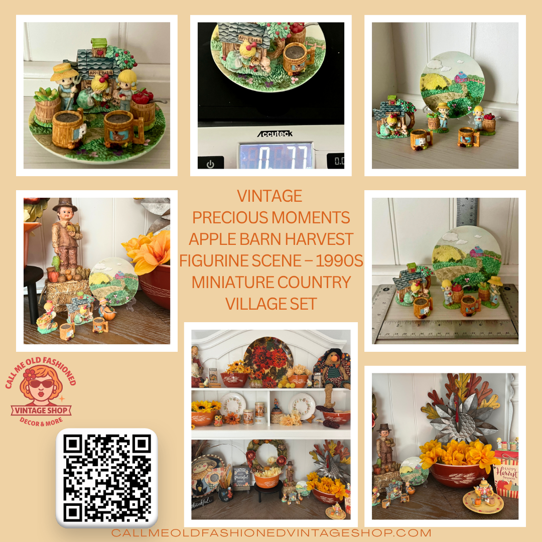 Vintage Precious Moments Apple Barn Harvest Figurine Scene – 1990s Miniature Country Village Tea Set