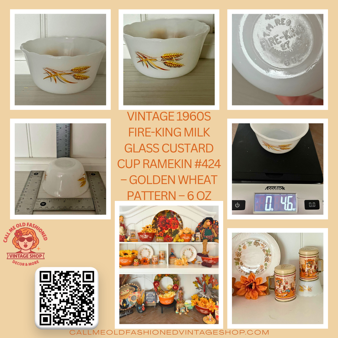 Vintage 1960s Fire-King Milk Glass Custard Cup Ramekin #424 – Golden Wheat Pattern – 6 oz