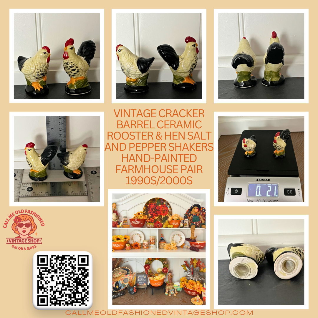 Vintage Cracker Barrel Ceramic Rooster & Hen Salt and Pepper Shakers – Hand-Painted Farmhouse Pair – 1990s/2000s