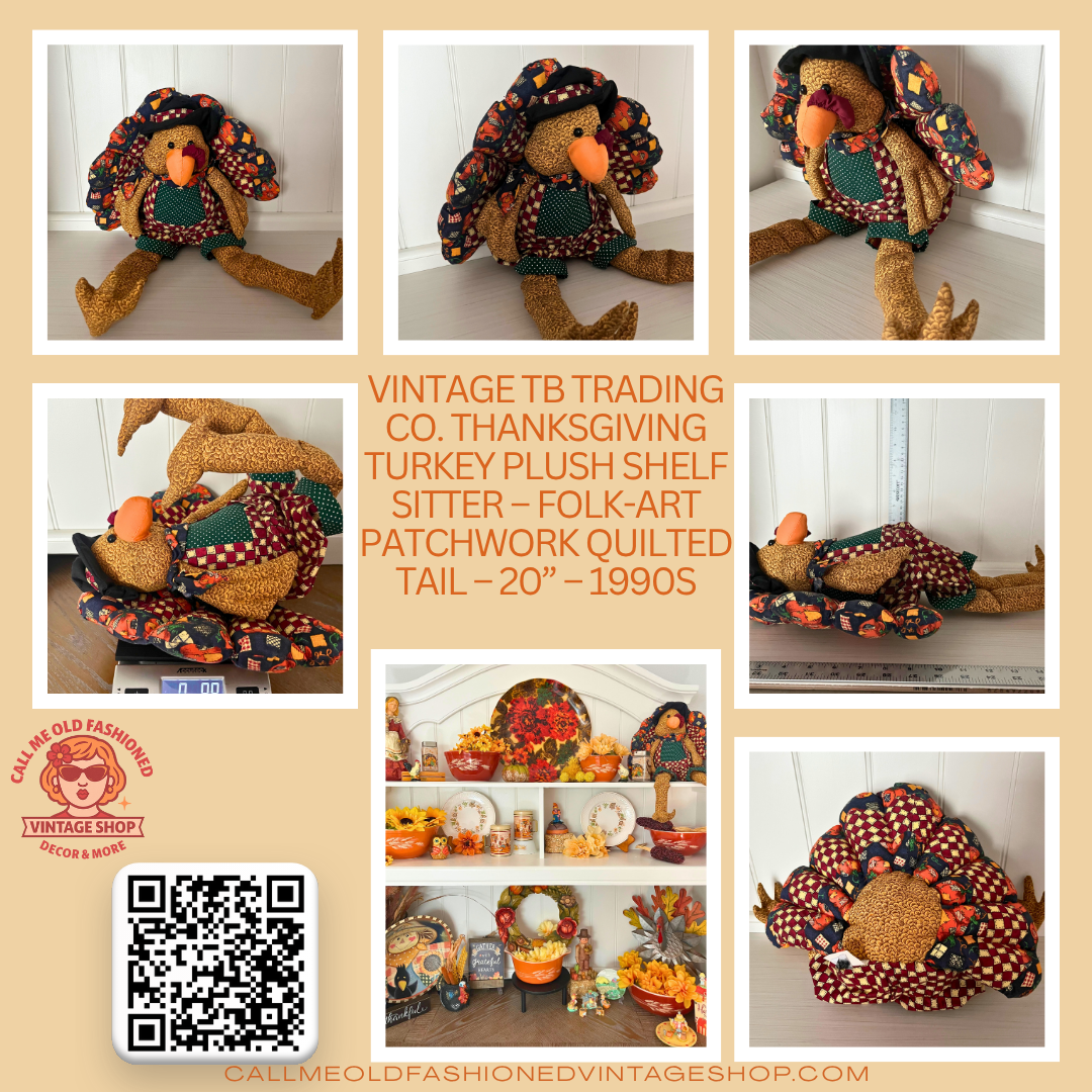 Vintage TB Trading Co. Thanksgiving Turkey Plush Shelf Sitter – Folk-Art Patchwork Quilted Tail – 20” – 1990s