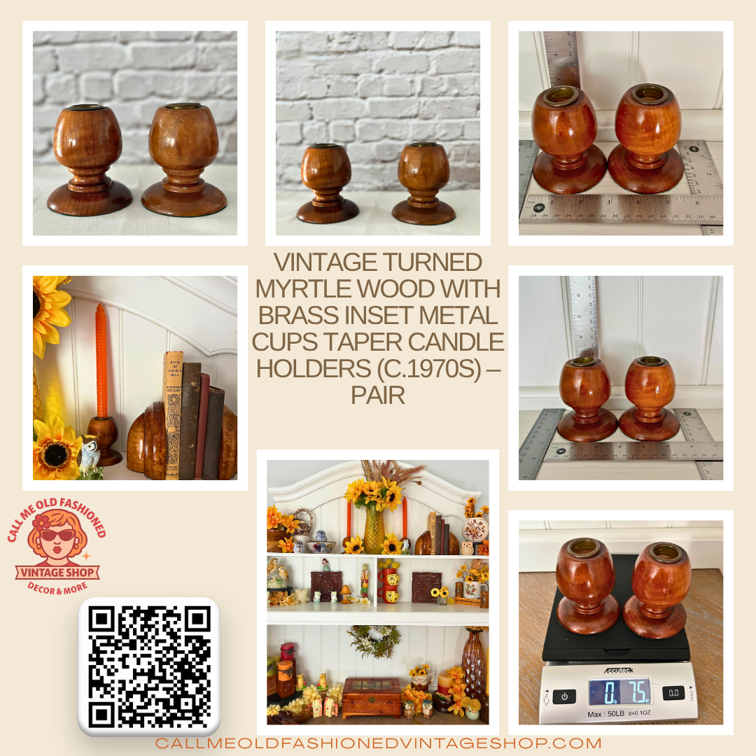 Vintage Turned in Myrtle Wood With  Brass Inset Metal Cups Taper Candle Holders (c.1970s) – Pair